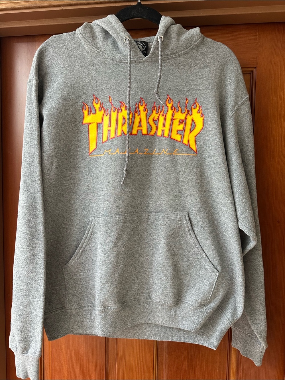 Thrasher Grey Hoodie with Yellow & Red Flame Logo
